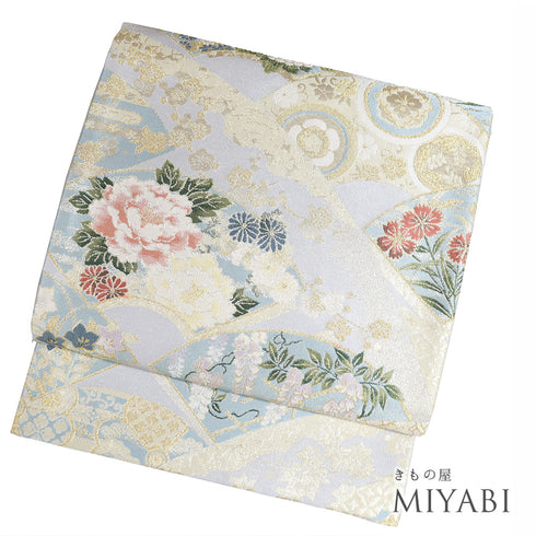 袋帯 リサイクル 帯丈444cm 六通 地紙に花柄 花草文 グレー Mサイズ 正絹 Sランク フォーマル セミフォーマル