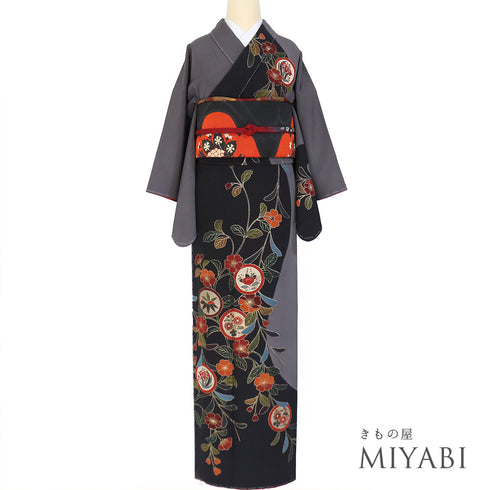 訪問着 リサイクル 身丈162.5cm 裄62cm 袷 丸に橘や菊柄 箔 金彩 ブラック Lサイズ セミフォーマル お洒落 正絹 広衿 Sランク