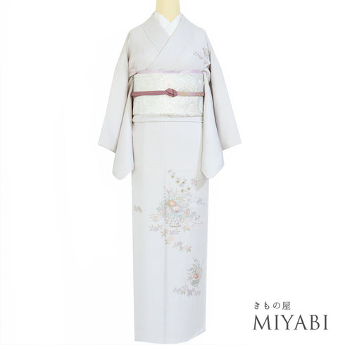 訪問着 リサイクル 身丈158cm 裄64.4cm 袷 花籠柄 刺繍 グレー Mサイズ セミフォーマル お洒落 正絹 広衿 Sランク