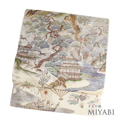 袋帯 リサイクル 帯丈450cm 全通 風景、七福神や風神雷神など 箔 リバーシブル 招福千寿文 ゴールド Lサイズ 正絹 Sランク フォーマル セミフォーマル