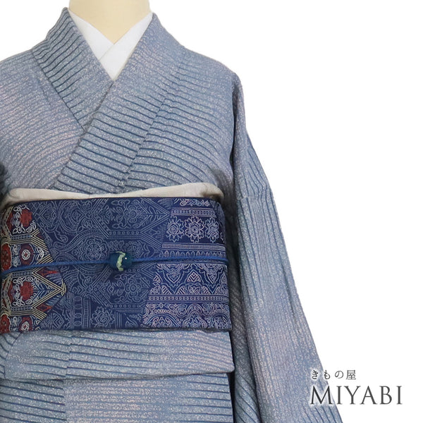 小紋 リサイクル 身丈155.5cm 裄64.6cm 袷 横縞ボカシ たたき ブルー Mサイズ お洒落 正絹 広衿 Sランク