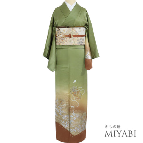 訪問着 リサイクル 身丈162cm 裄64.8cm 袷 雪輪柄 花柄 金彩加工 汕頭刺繍 地紋あり グリーン Lサイズ フォーマル セミフォーマル 一つ紋 正絹 広衿 Sランク