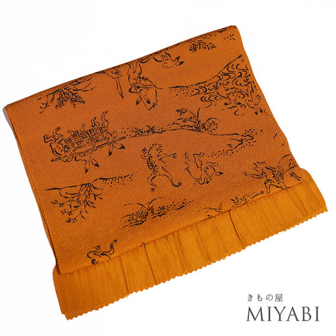 帯揚げ リサイクル お洒落 ちりめん 正絹 オレンジ 鳥獣戯画 未使用品 AG-1209
