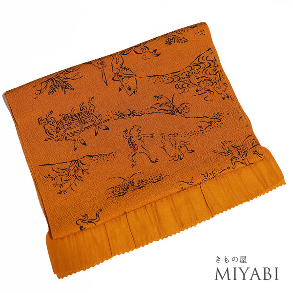 帯揚げ リサイクル お洒落 ちりめん 正絹 オレンジ 鳥獣戯画 未使用品 AG-1209