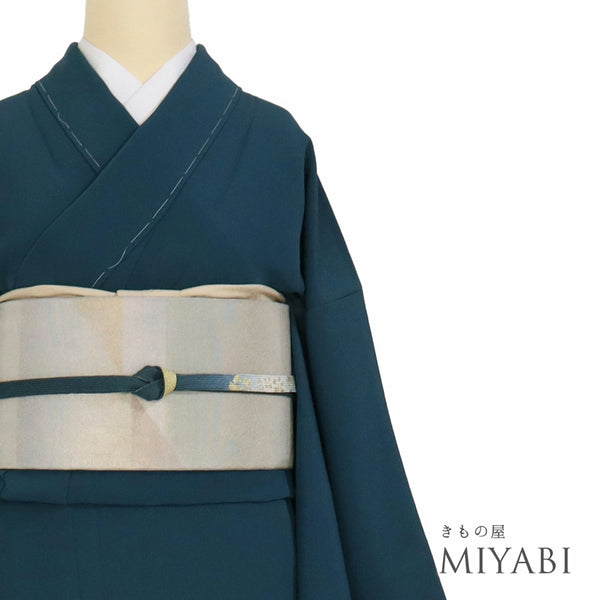 色無地 リサイクル 身丈159.8cm 裄66.4cm 袷 グリーン Mサイズ お洒落 しつけ糸 正絹 広衿 地紋なし 未使用品