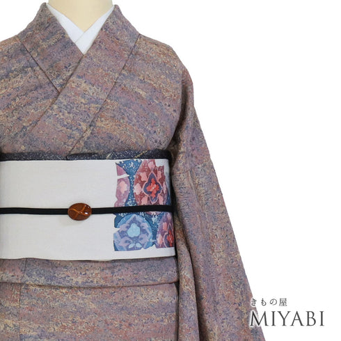 小紋 リサイクル 身丈162cm 裄68cm 袷 陶彩染め 加藤唐九郎 ゆったりサイズ 膨れ織り パープル Lサイズ お洒落 カジュアル 正絹 広衿 Sランク