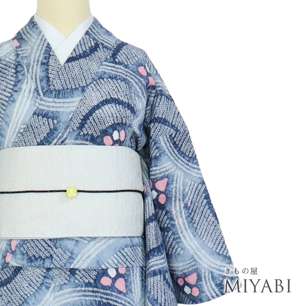 浴衣 リサイクル 夏着物 身丈157.8cm 裄64.8cm 夏物 デザイン青海波柄 絞り ブルー Mサイズ カジュアル 木綿 洗える着物 バチ衿 Sランク