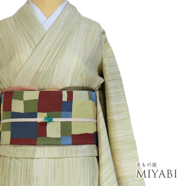 紬 リサイクル 身丈152.5cm 裄64.8cm 袷 縞ぼかし柄 グリーン Sサイズ お洒落 正絹 広衿 Sランク