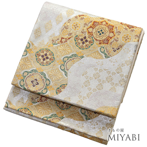 袋帯 リサイクル 帯丈434cm 六通 華紋柄 ゴールド Sサイズ 正絹 Sランク フォーマル セミフォーマル