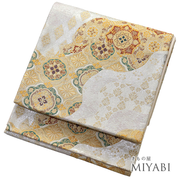 袋帯 リサイクル 帯丈434cm 六通 華紋柄 ゴールド Sサイズ 正絹 Sランク フォーマル セミフォーマル