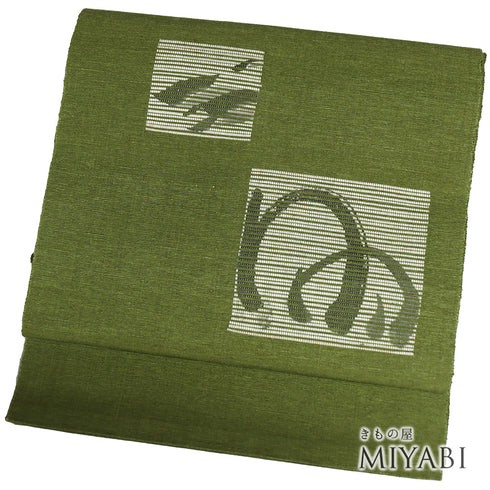 名古屋帯 リサイクル 帯丈367.7cm ポイント柄 抽象柄 グリーン Mサイズ 正絹 Sランク お洒落 カジュアル