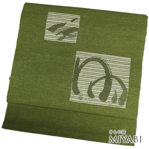 名古屋帯 リサイクル 帯丈367.7cm ポイント柄 抽象柄 グリーン Mサイズ 正絹 Sランク お洒落 カジュアル