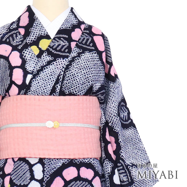 浴衣 リサイクル 夏着物 身丈145.5cm 裄62.4cm 夏物 絞り 花柄 ジュニアサイズ ネイビー SSサイズ カジュアル お洒落 木綿 洗える着物 バチ衿 Aランク