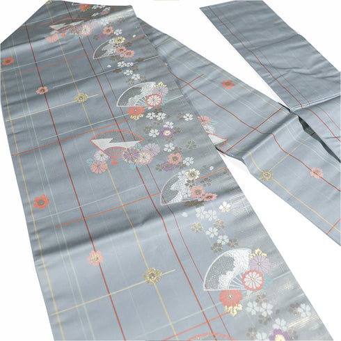 名古屋帯 リサイクル 帯丈361cm 六通 扇や小花や格子柄 グレー Mサイズ 正絹 未使用品 お洒落