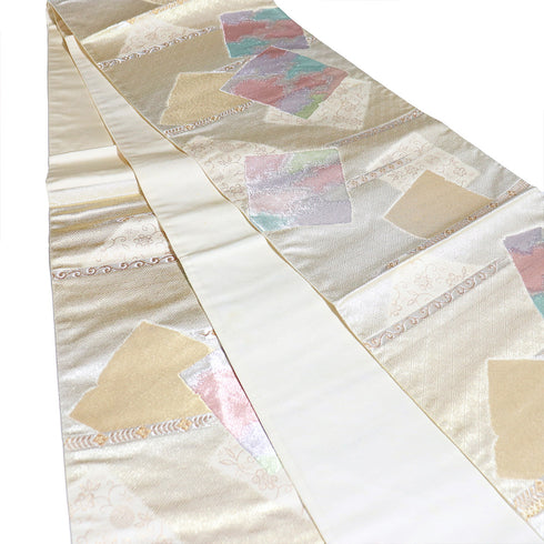 袋帯 リサイクル 帯丈424cm 六通 色紙に地紋柄 横段唐草柄 ゴールド Sサイズ 正絹 Aランク フォーマル セミフォーマル