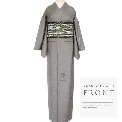 紬 リサイクル 身丈168.5cm 裄66.8cm 袷 たたきに花丸柄 グレー LLサイズ お洒落 正絹 広衿 Sランク