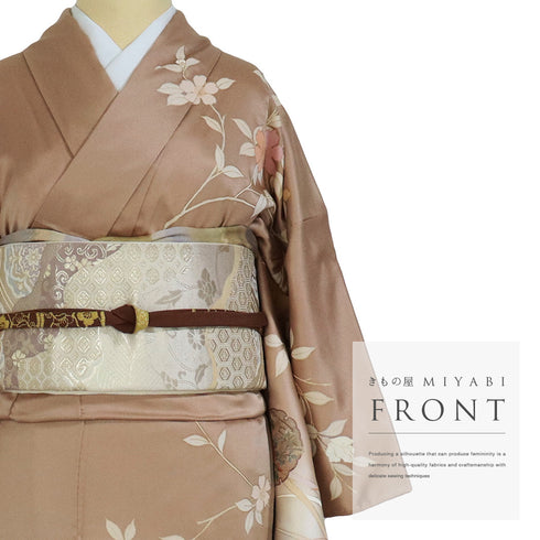 訪問着 リサイクル 身丈157cm 裄64.2cm 袷 雪輪に花模様 刺繍 箔 ブラウン Mサイズ お洒落 セミフォーマル しつけ糸 正絹 広衿 Bランク