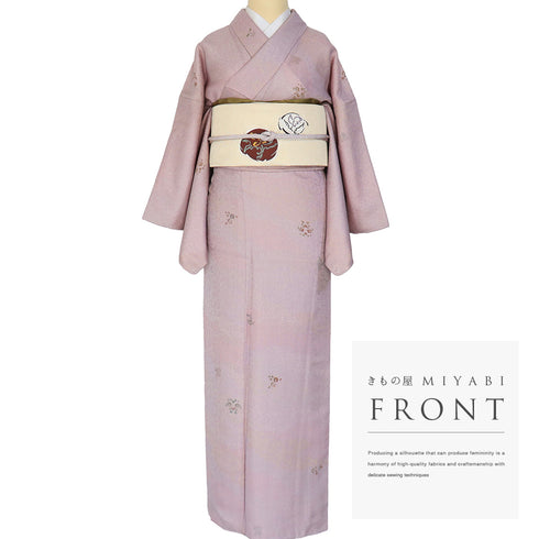 小紋 リサイクル 身丈151.8cm 裄66.4cm 袷 草花柄 型染め パープル Sサイズ お洒落 カジュアル 正絹 広衿 Sランク