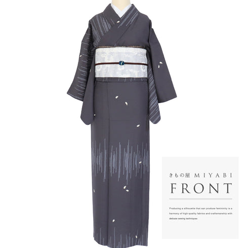 小紋 リサイクル 身丈152.5cm 裄62cm 単衣 鹿子柄に花びら散らし 箔 渡辺雪三郎 グレー Sサイズ お洒落 正絹 広衿 Sランク