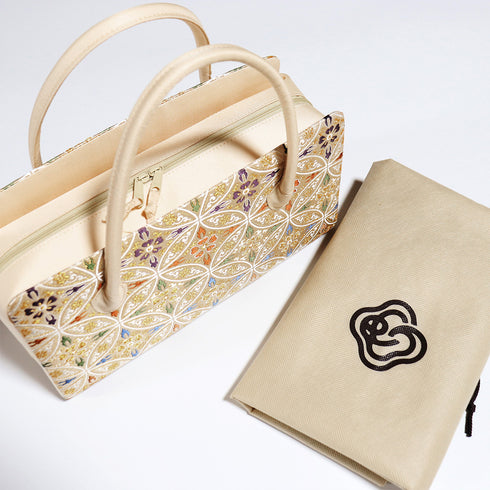 バッグ お洒落 ベージュ 正絹 未使用品 利休バッグ 西陣織 七宝華文柄 巾着付き