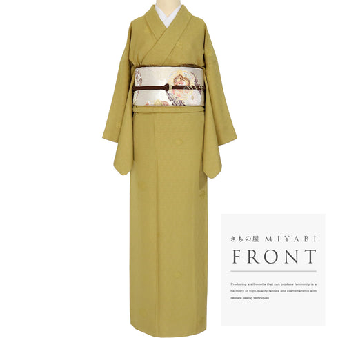 色無地 リサイクル 身丈168.5cm 裄66.4cm 袷 花柄 イエロー LLサイズ セミフォーマル 一つ紋 正絹 広衿 地紋あり Sランク