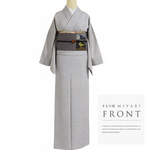 紬 リサイクル 身丈163.5cm 裄65.6cm 袷 格子柄 パープル Lサイズ カジュアル 正絹 広衿 Aランク