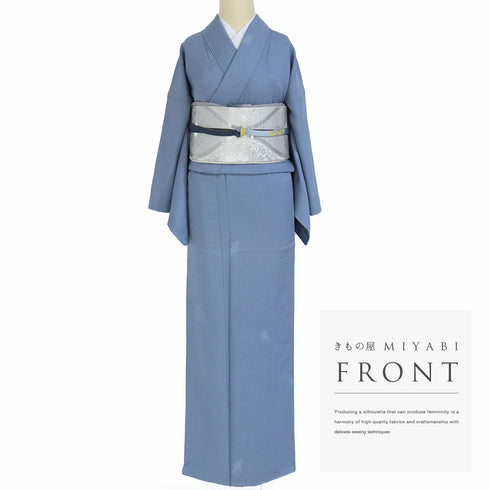 色無地 リサイクル 身丈158.2cm 裄66.4cm 袷 菊にあやめ模様 ブルー Mサイズ セミフォーマル 一つ紋 しつけ糸 正絹 広衿 地紋あり Sランク