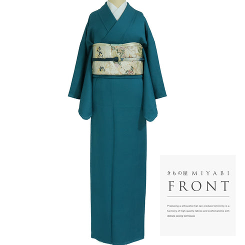 色無地 リサイクル 身丈159.5cm 裄64.4cm 袷 裂取り地紋 パールトーン加工 里美 グリーン Mサイズ お洒落 しつけ糸 正絹 広衿 地紋あり Sランク