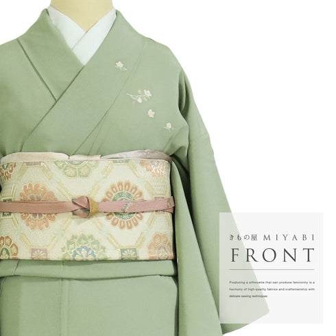 訪問着 リサイクル 身丈150.5cm 裄62.4cm 袷 小花柄 グリーン Sサイズ セミフォーマル お洒落 一つ紋 正絹 広衿 Aランク