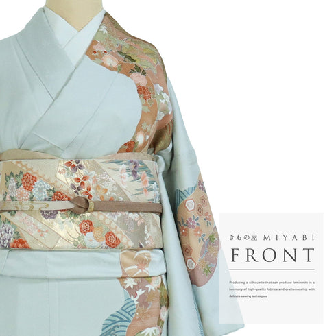 訪問着 リサイクル 身丈159.2cm 裄68.4cm 袷 牡丹に花丸柄 金駒刺繍 箔 ブルー Mサイズ セミフォーマル 正絹 広衿 Aランク