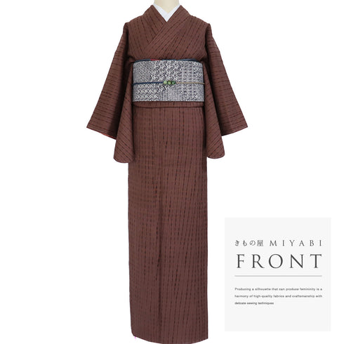 紬 リサイクル 身丈163.8cm 裄64cm 袷 竜巻絞り 刺繍 ブラウン Lサイズ お洒落 カジュアル しつけ糸 正絹 バチ衿 Sランク