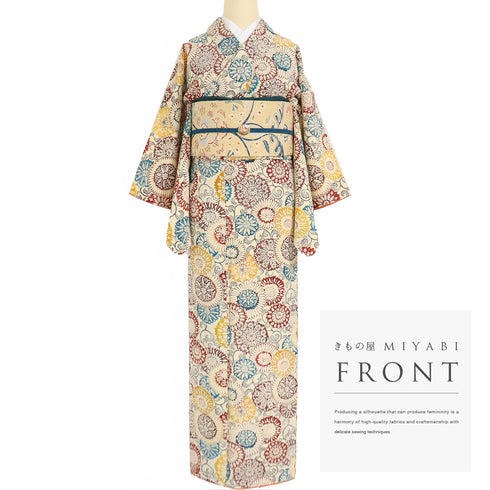 小紋 リサイクル 身丈153.5cm 裄63.2cm 袷 デザイン花柄 型染め ベージュ Sサイズ お洒落 カジュアル 正絹 広衿 Sランク