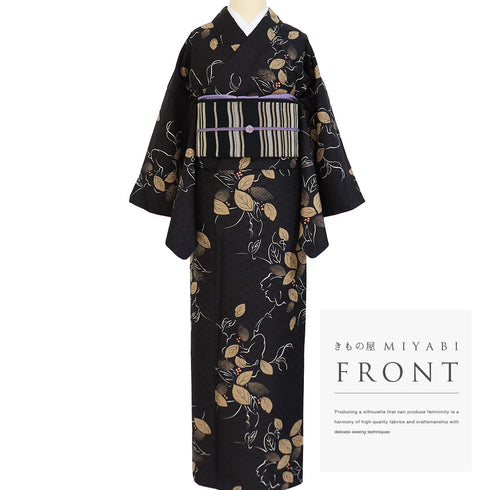 小紋 リサイクル 身丈162.8cm 裄66.4cm 袷 デザイン花柄 ブラック Lサイズ お洒落 カジュアル ポリエステル 洗える着物 広衿 Sランク