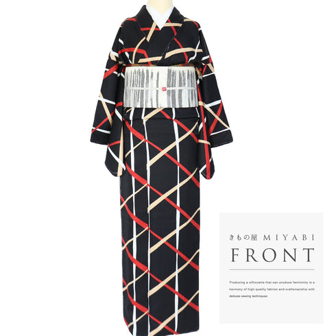 小紋 リサイクル 身丈168cm 裄66.4cm 袷 麻の葉地紋にデザイン籠目模様 ブラック LLサイズ お洒落 正絹 広衿 未使用品