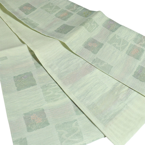 京袋帯 リサイクル 帯丈382cm 六通 夏物 幾何学模様 花柄 グリーン Lサイズ 不明 Sランク お洒落