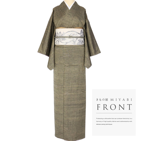 紬 リサイクル 身丈160.3cm 裄63.6cm 袷 幾何学柄 グリーン Mサイズ カジュアル 正絹 バチ衿 Sランク