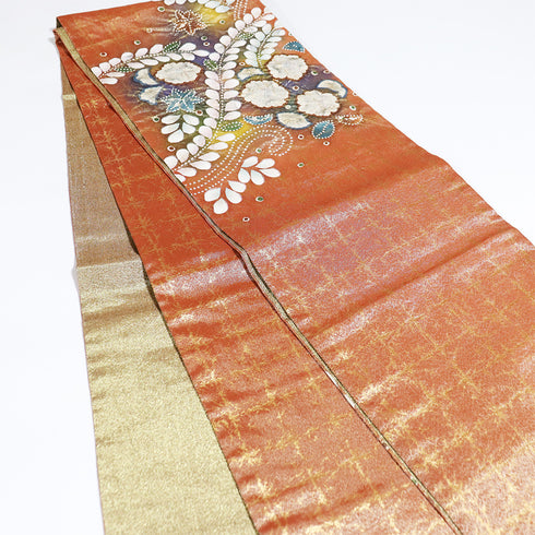 袋帯 リサイクル 帯丈432cm ポイント柄 辻が花柄 オレンジ Sサイズ 正絹 新品・未使用品 お洒落