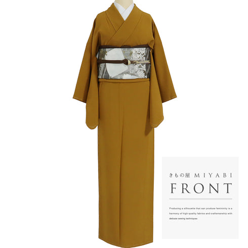 色無地 リサイクル 身丈158.3cm 裄64.4cm 袷 作家物 瑞寶 ブラウン Mサイズ セミフォーマル 一つ紋 しつけ糸 正絹 広衿 地紋なし Sランク