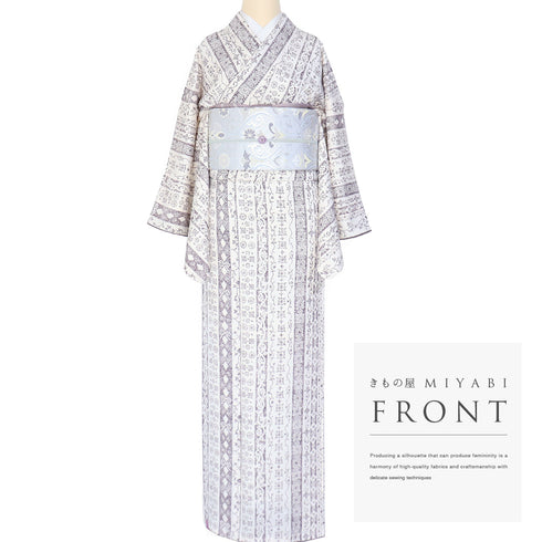 小紋 リサイクル 身丈161.5cm 裄67.6cm 袷 デザイン縦縞柄 地紋 アイボリー Lサイズ お洒落 カジュアル 正絹 広衿 Sランク