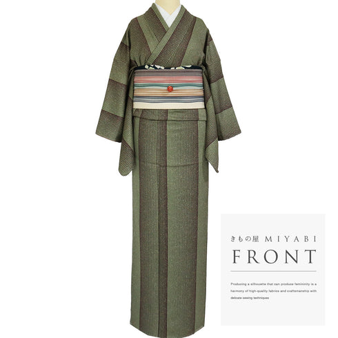 小紋 リサイクル 身丈158.3cm 裄64.6cm 袷 縞にたたき模様 お洒落八掛 グリーン Mサイズ お洒落 しつけ糸 正絹 広衿 Sランク