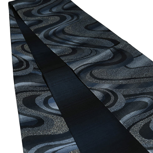 袋帯 リサイクル 帯丈430cm 全通 藍染和紙織 流水柄 ネイビー Sサイズ 正絹 Sランク お洒落