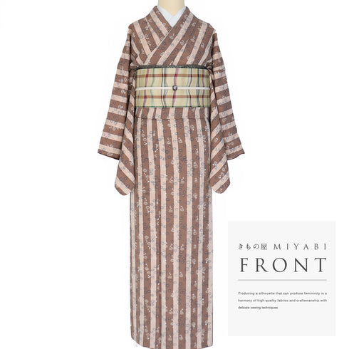 小紋 リサイクル 身丈151.8cm 裄67.8cm 袷 縦縞に花柄 地紋 パールトーン加工 ブラウン Sサイズ お洒落 カジュアル 正絹 広衿 Sランク