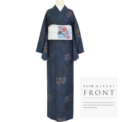 大島紬 リサイクル 身丈164.7cm 裄67.6cm 袷 草花柄 藤絹織物 ネイビー Lサイズ お洒落 カジュアル しつけ糸 正絹 広衿 Sランク