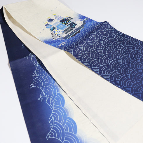 京袋帯 リサイクル 帯丈386cm ポイント柄 大航海や波柄 WAKKA 夏物 アイボリー Lサイズ 麻 新品・未使用品 お洒落 カジュアル