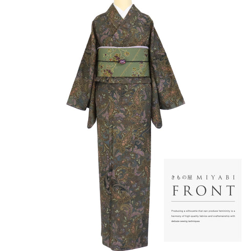 小紋 リサイクル 身丈160.8cm 裄68.4cm 袷 グリーン Lサイズ お洒落 正絹 広衿 Sランク