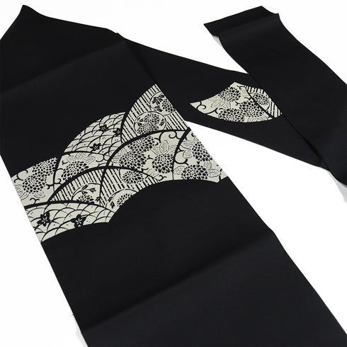 名古屋帯 リサイクル 帯丈372cm ポイント柄 菊や唐草や露芝柄 染め ブラック Mサイズ 正絹 未使用品 お洒落