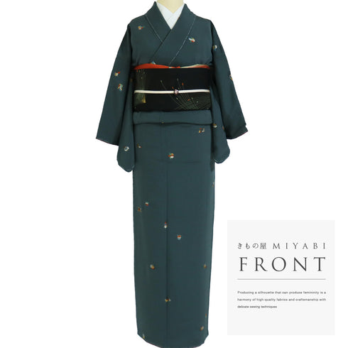 小紋 リサイクル 身丈152.8cm 裄62cm 袷 鳥柄 刺繍 グリーン Sサイズ お洒落 カジュアル 正絹 広衿 Sランク