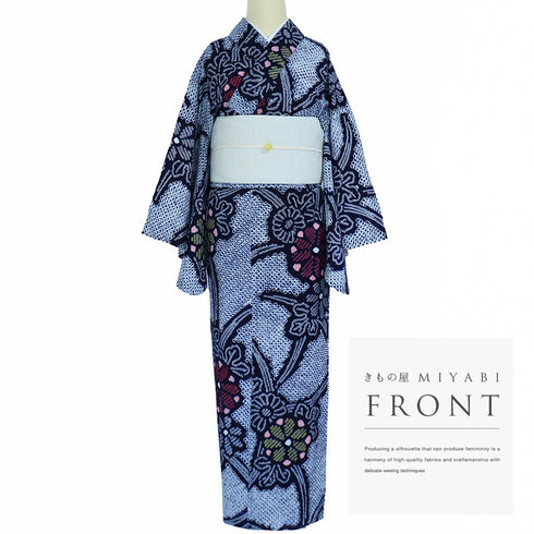 浴衣 リサイクル 夏着物 身丈154.7cm 裄68cm 夏物 絞り 花柄 ネイビー Sサイズ カジュアル 木綿 洗える着物 バチ衿 Bランク