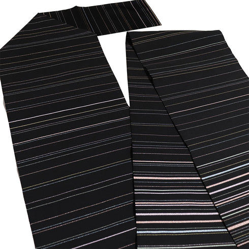 名古屋帯 リサイクル 帯丈411cm 全通 爪織本つづれ帯 八寸 作家物 重岡考雲 横縞柄 綴織り加工 ブラック LLサイズ 正絹 Sランク カジュアル お洒落