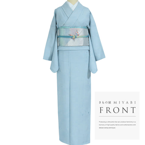 色無地 リサイクル 身丈160.8cm 裄64.6cm 袷 星柄 ブルー Lサイズ セミフォーマル お洒落 一つ紋 正絹 広衿 地紋あり Bランク